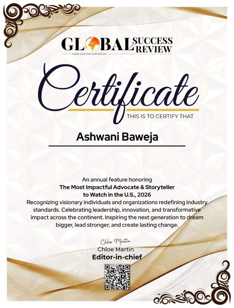 Ashwani Baweja certificate The Global Success Review Magazine